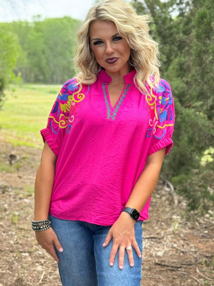 Fuchsia Bright Embroidered Sleeve Blouse
