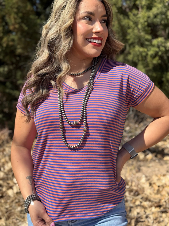 Fern Blue & Orange Striped V-Neck Top