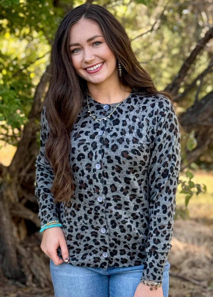 Carolyn Grey Leopard Button Down Sweater