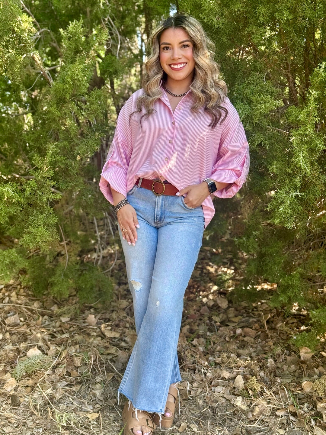 Adelee Pink & White Seersucker Top