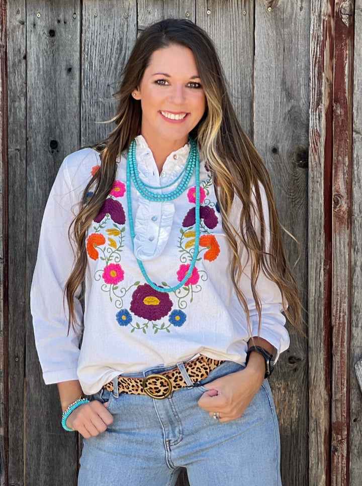 Payton White Embroidery Pheasant Blouse by Sister Mary