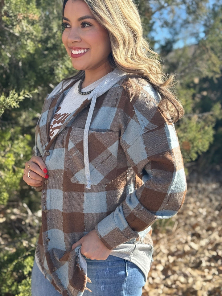 Jenna Brown & Blue Plaid Hooded Shacket