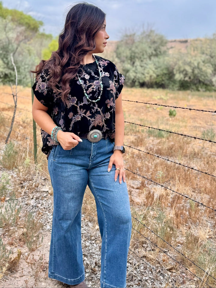 Mix Floral Black Velvet Top