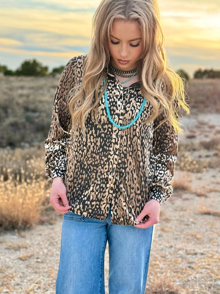 Kammie Leopard Velvet Button Down Blouse