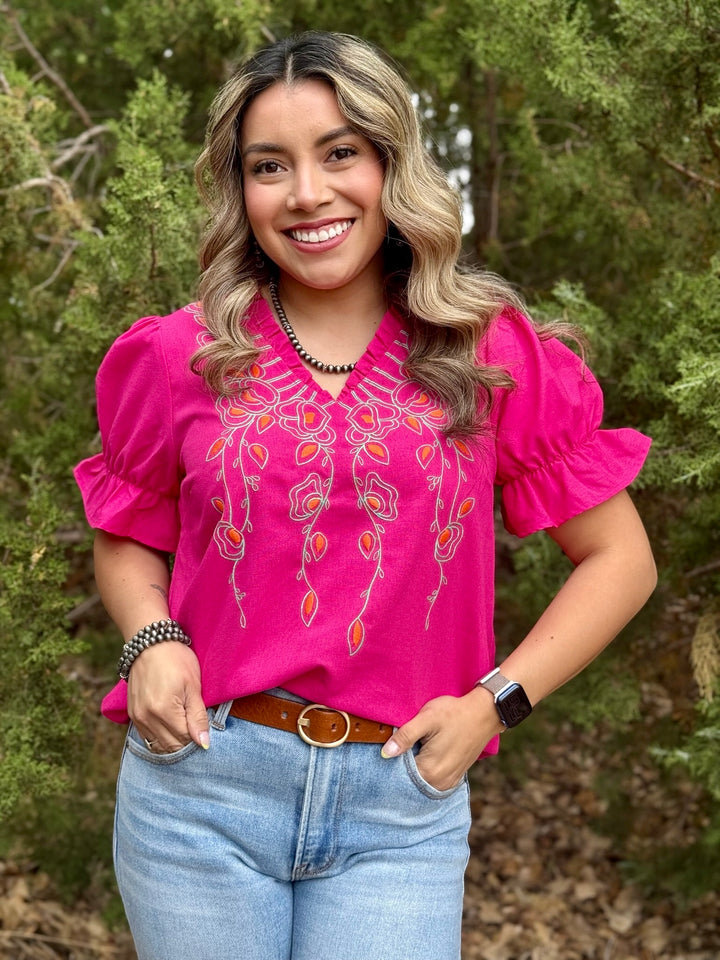 Floral Embroidered Bubble Sleeve V-Neck Top