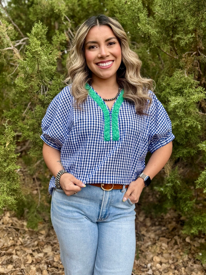 Sage Navy Gingham Top