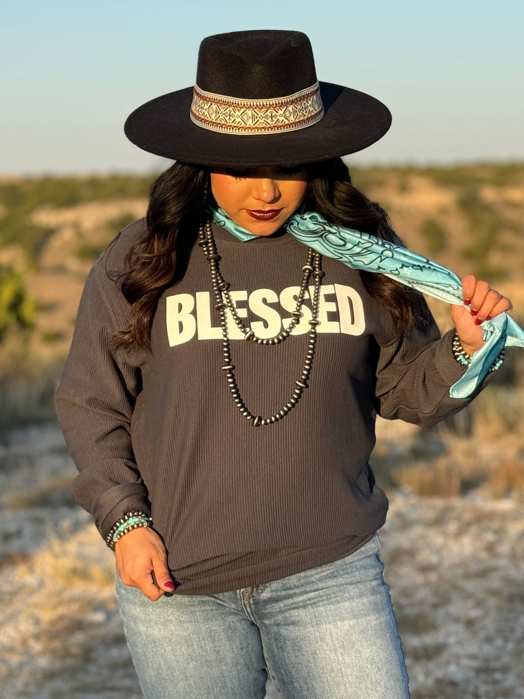 Blessed Grey Corded Pullover by Texas True Threads