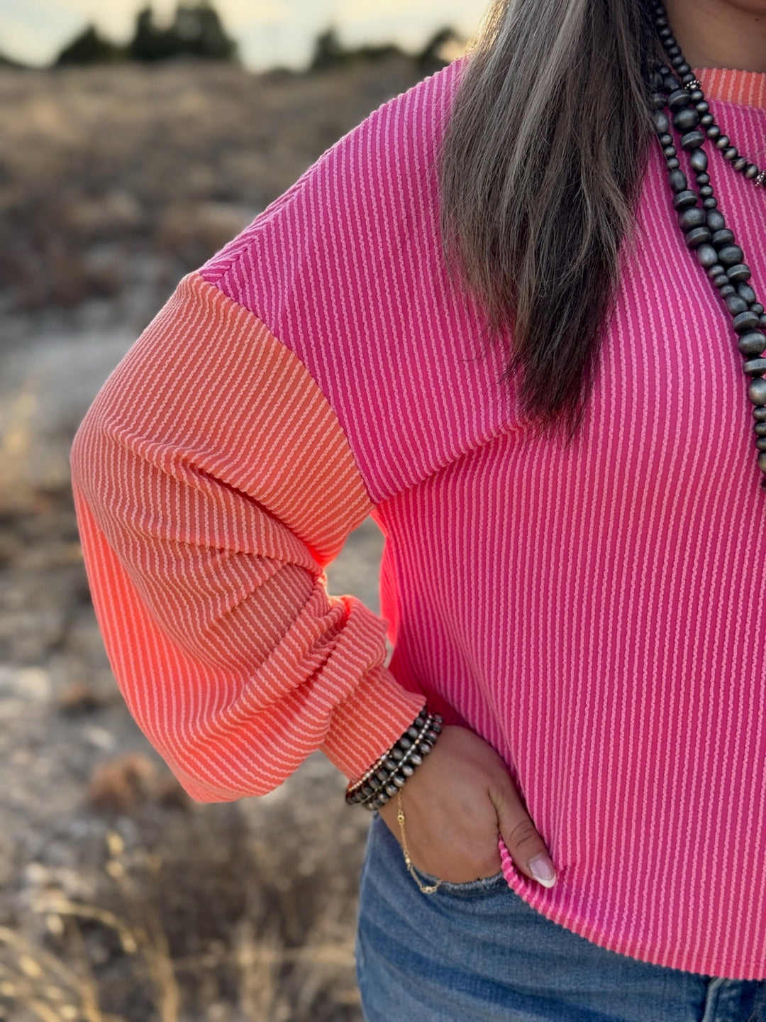 Boho Retro Pink Ribbed Top