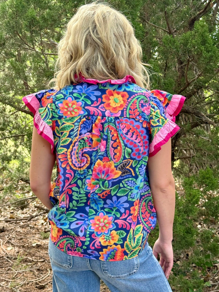 Bold Floral Flutter Sleeve Top