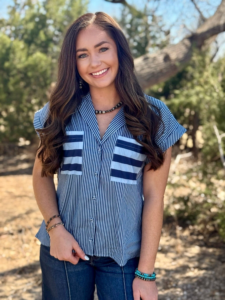 Gracee Blue Striped Button Down Top