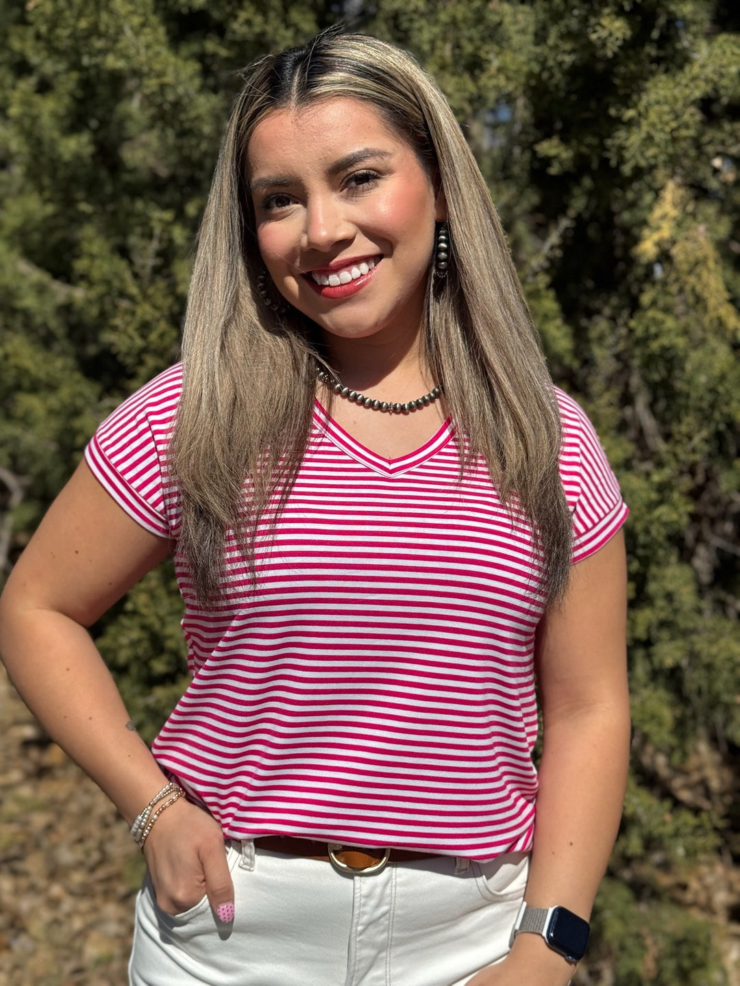 Kenna Pink & White Striped V-Neck Top