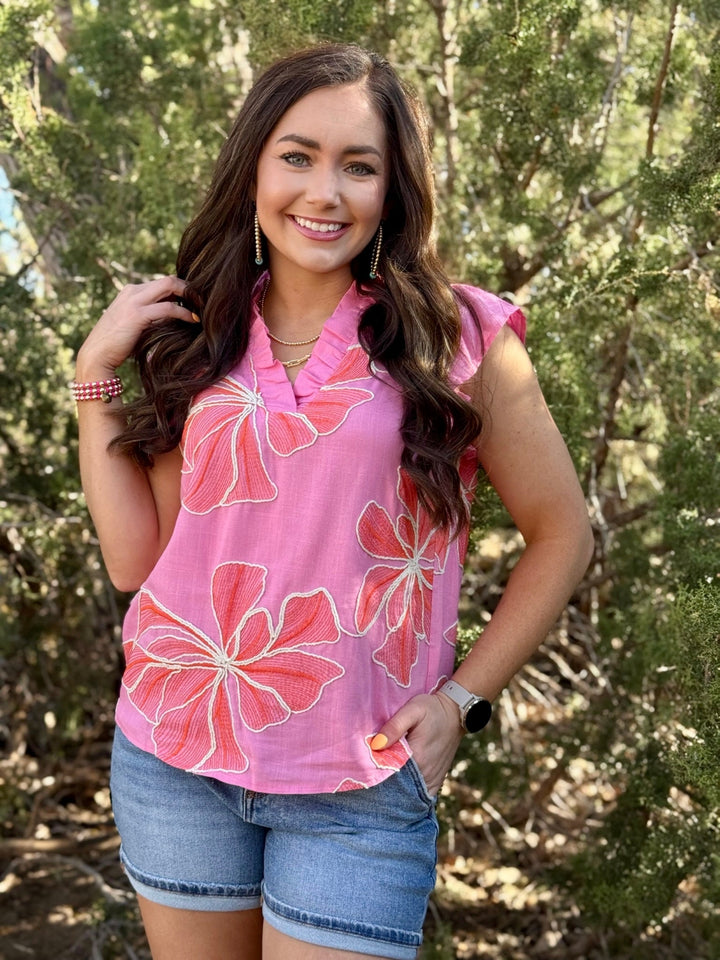Island Bloom Pink Ruffle Sleeve Top