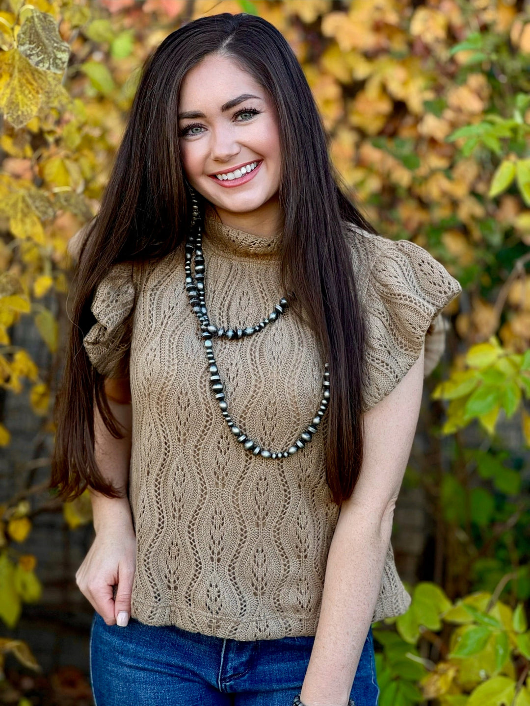 Mattie Tan Knit Ruffle Sleeve Top