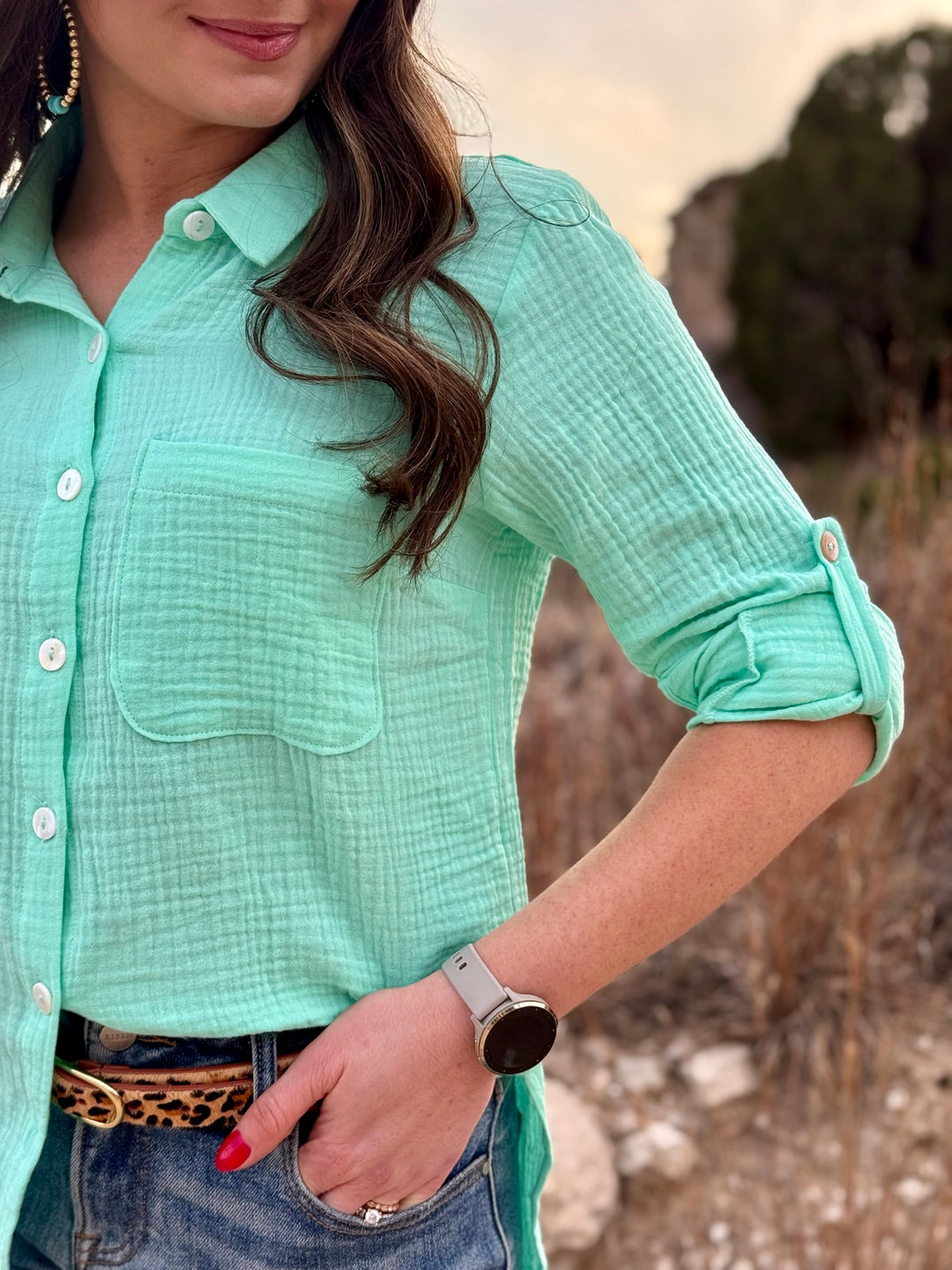 Constance Mint Button Up Top