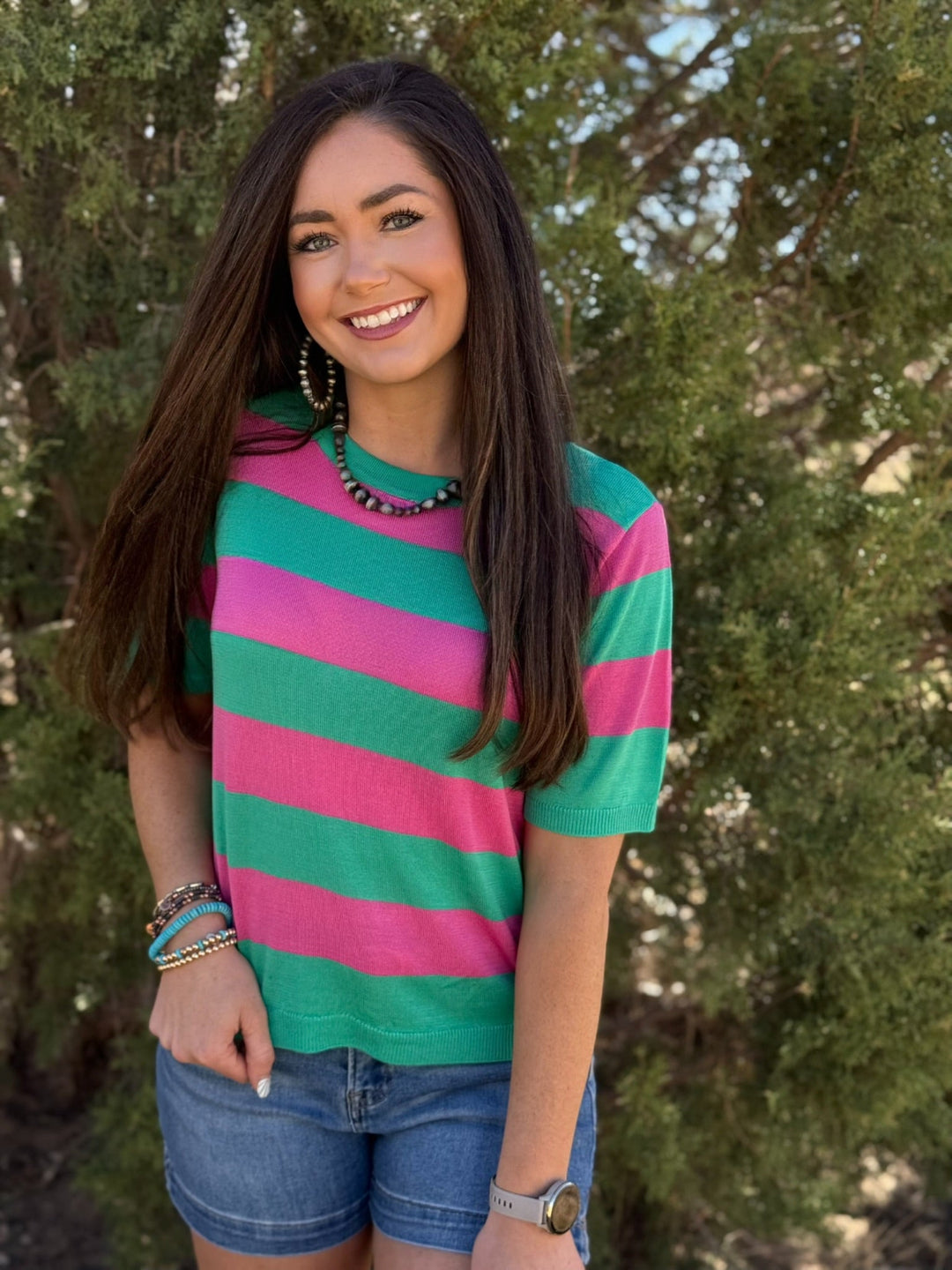 Brighton Pink & Green Striped Knit Top