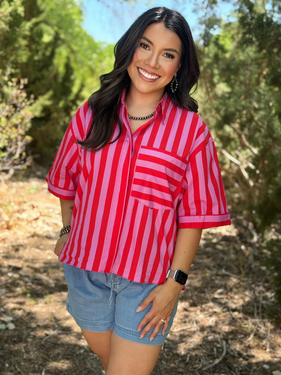 Ellis Red & Pink Button Down Top