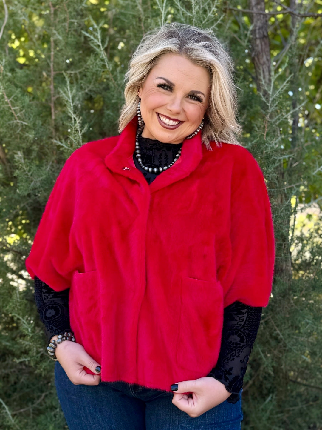 Red Faux Capelet Jacket by Ivy Jane