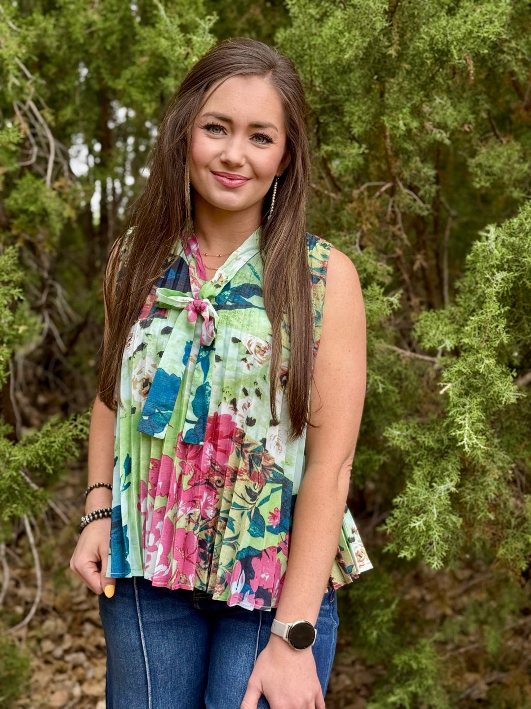 Green Escape Floral Pleated Top