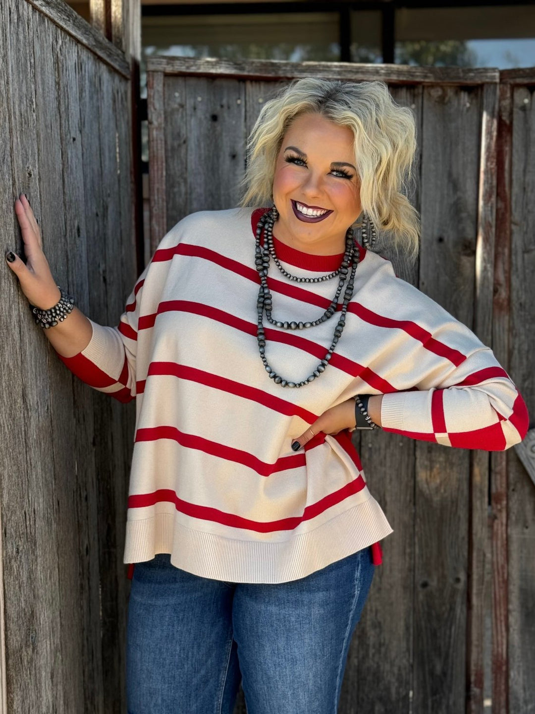 Lorissa Cream & Red Striped Sweater