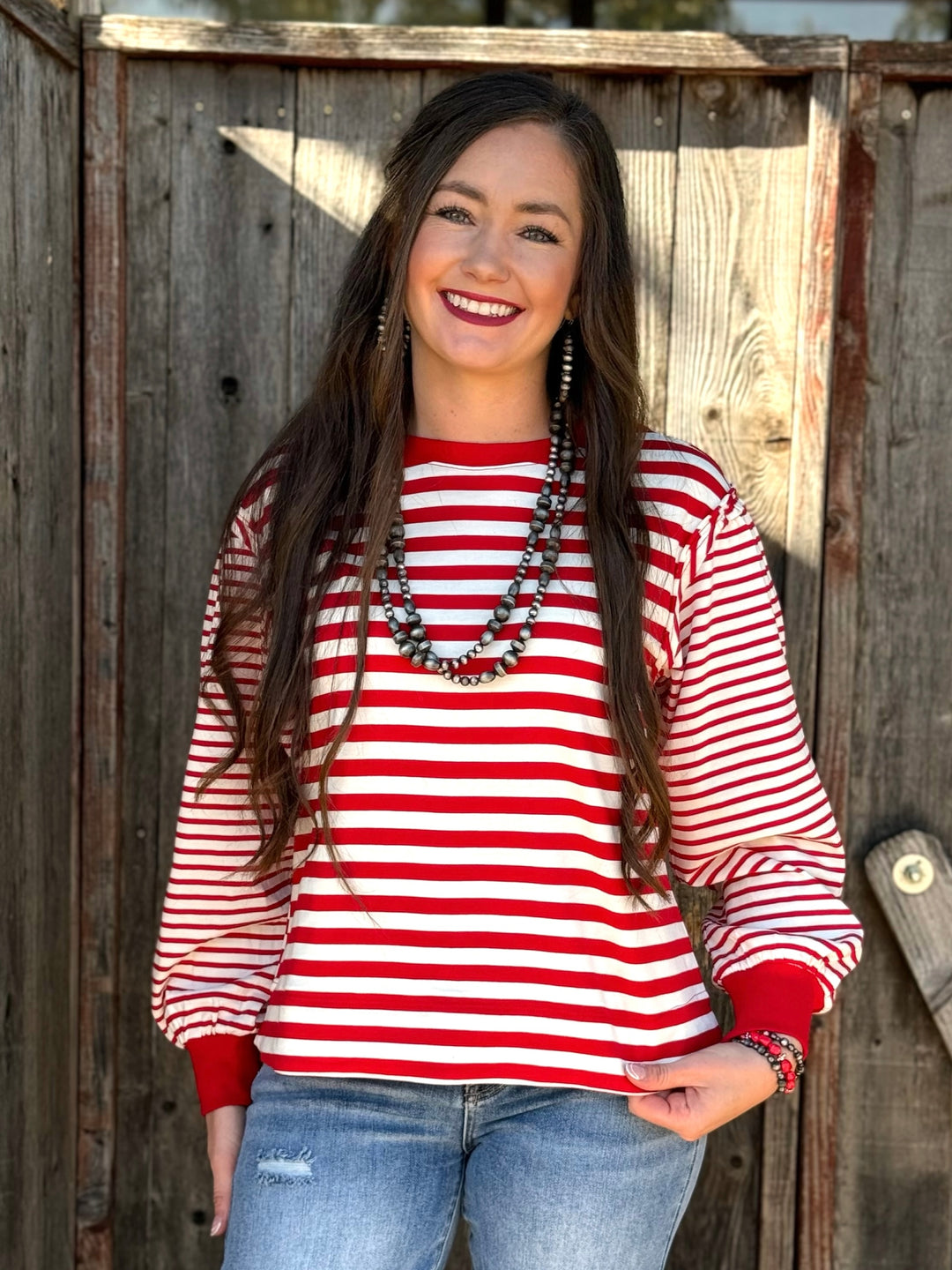 Kenzie Red & White Striped Long Sleeve Top