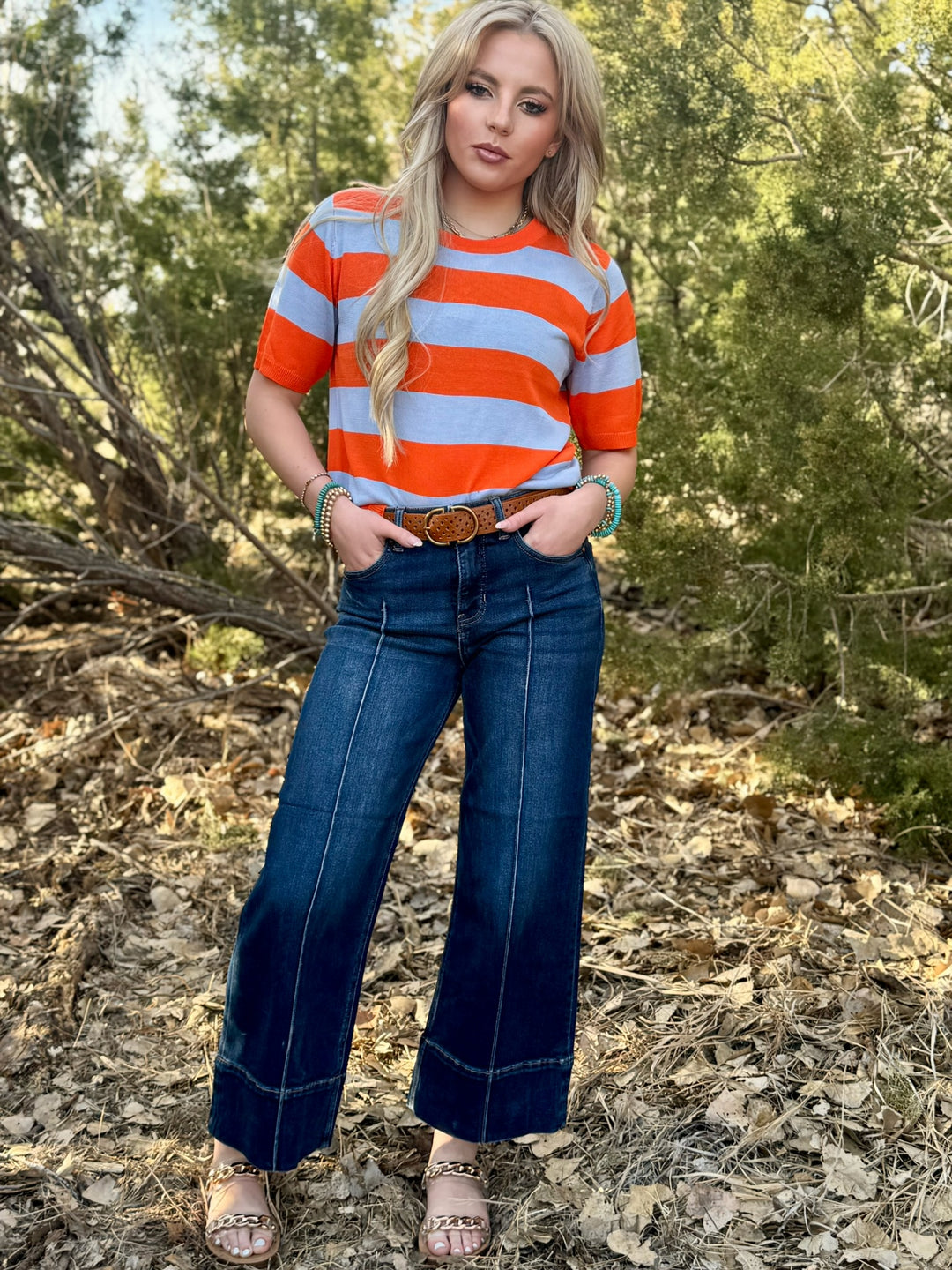 Kashli Orange & Blue Striped Knit Top
