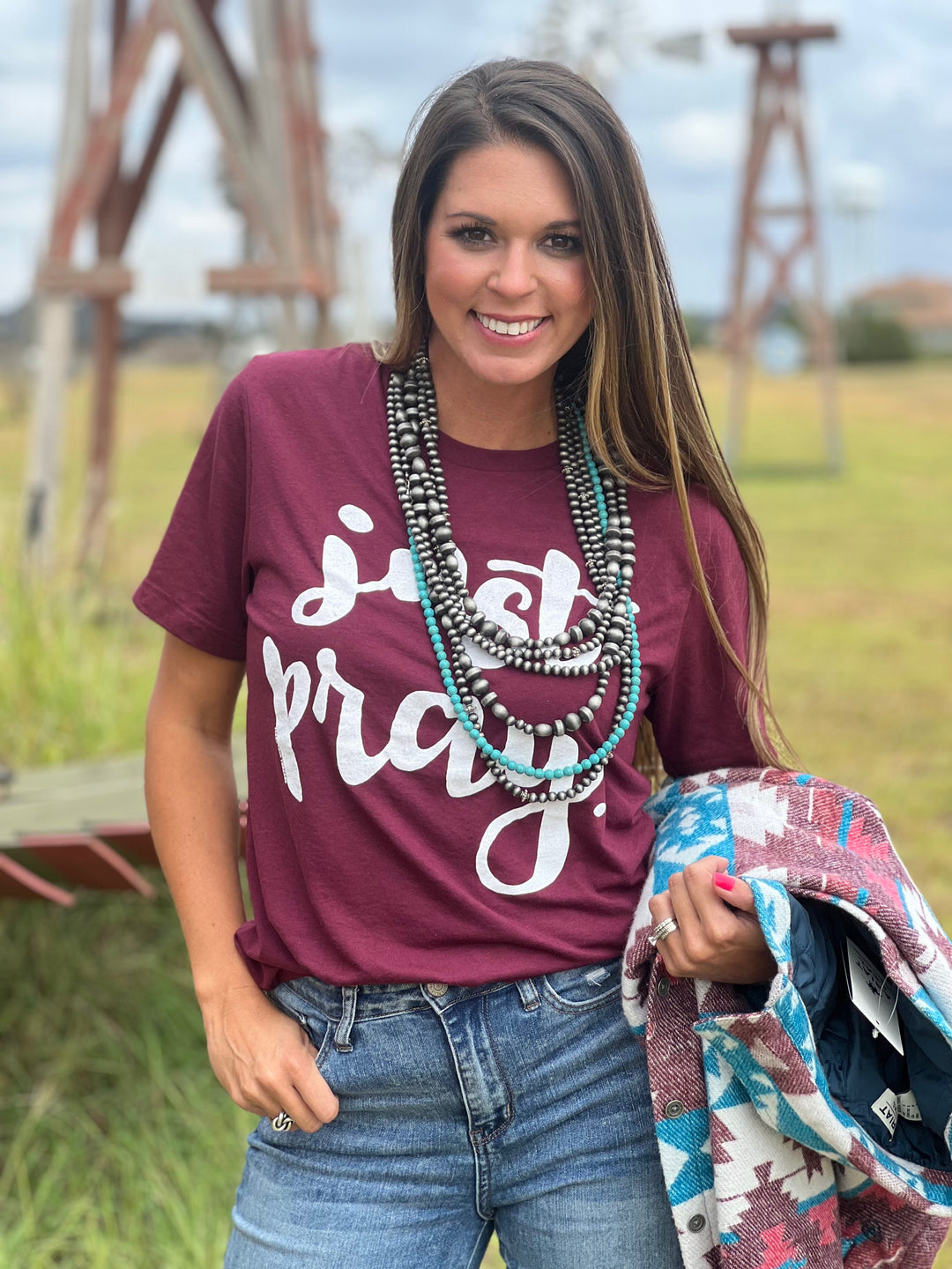 Maroon Just Pray Graphic Tee by Texas True Threads