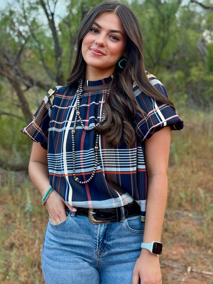 Navy Plaid Perfection Top by THML
