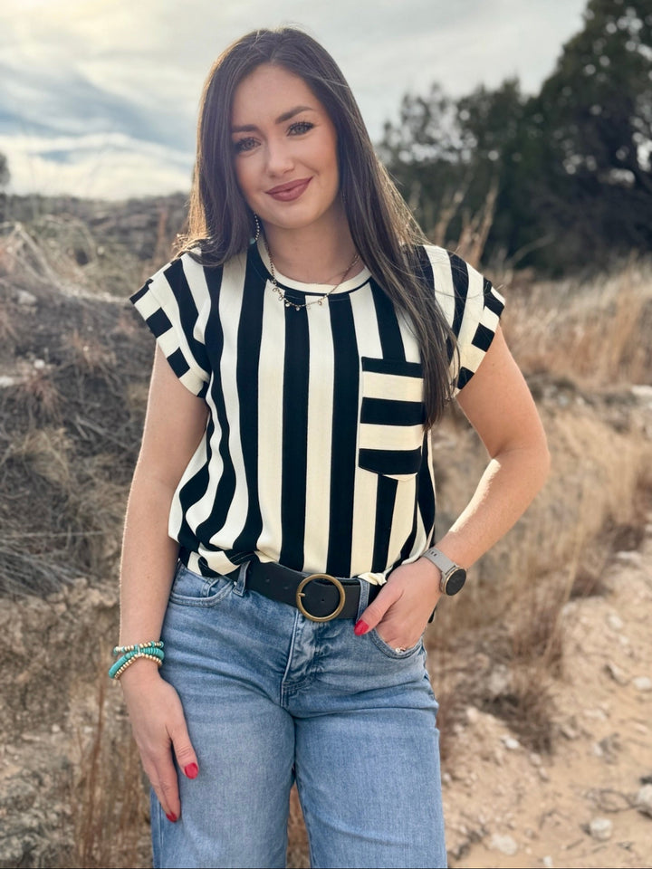 Pauline Black & Cream Stripe Pocket Top