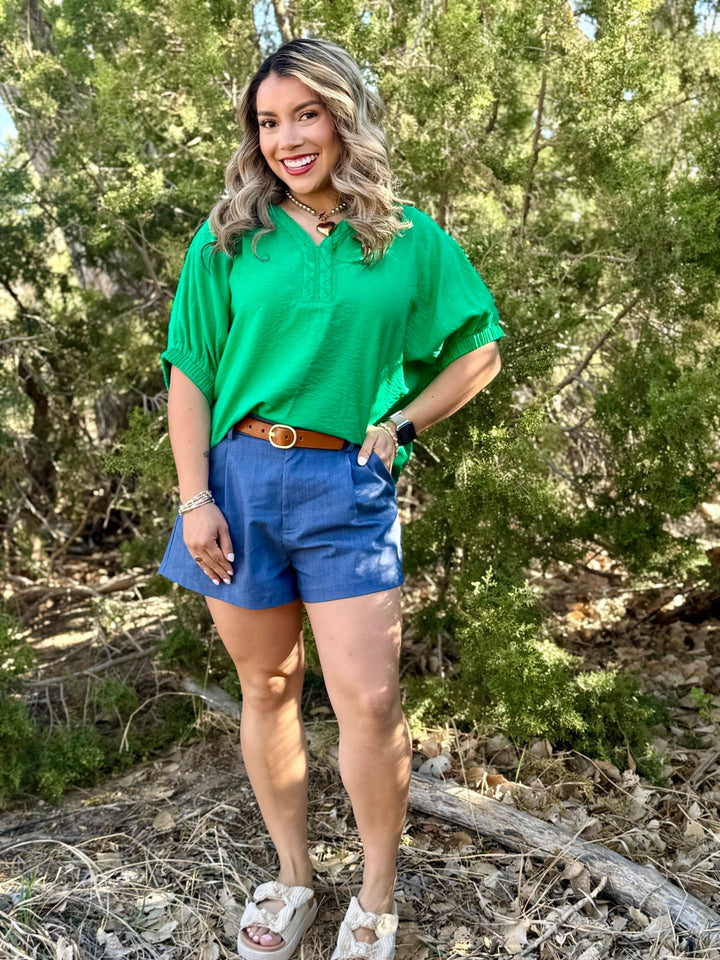 Simone Green V-Neck Top