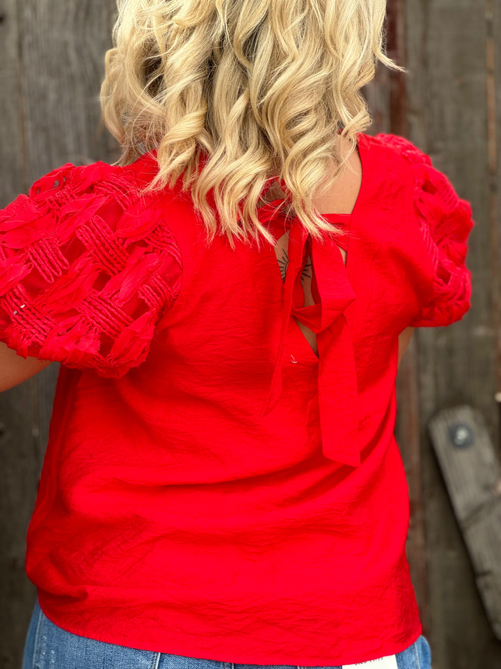 Willa Red V-Neck Blouse with Puff Sleeves