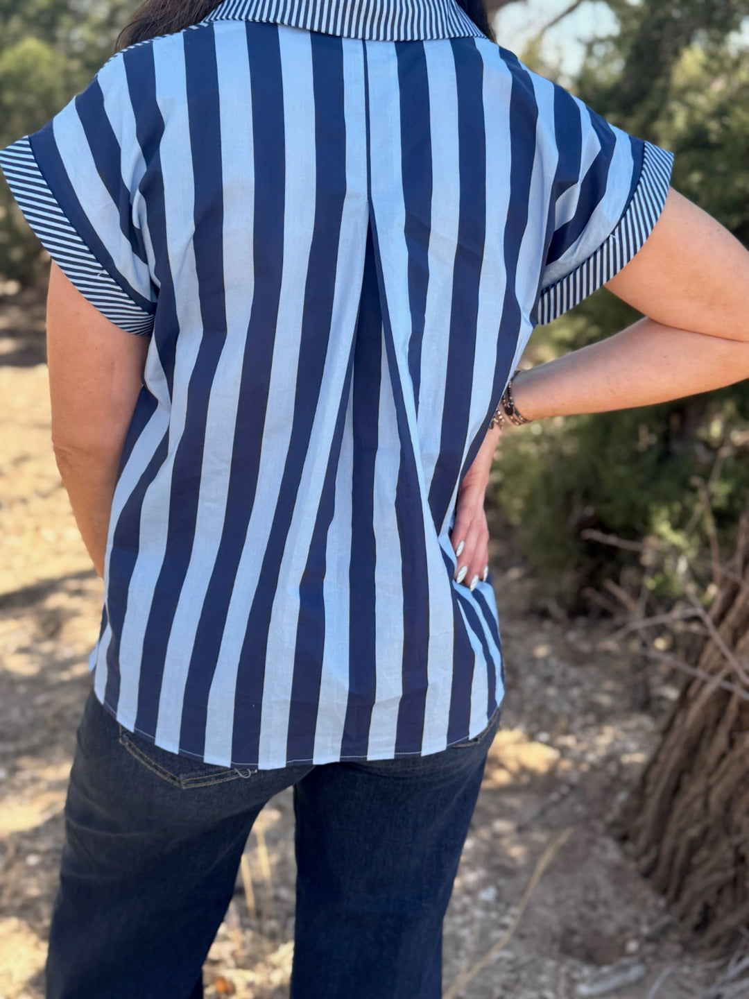 Gracee Blue Striped Button Down Top