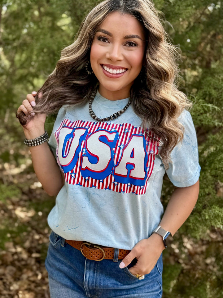 USA Block with Stars & Stripes in Glitter Tee by Texas True Threads