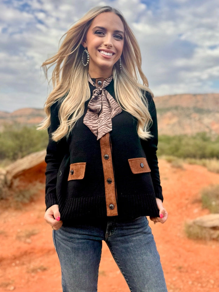 Black Mock Neck Suede Trim Sweater Jacket