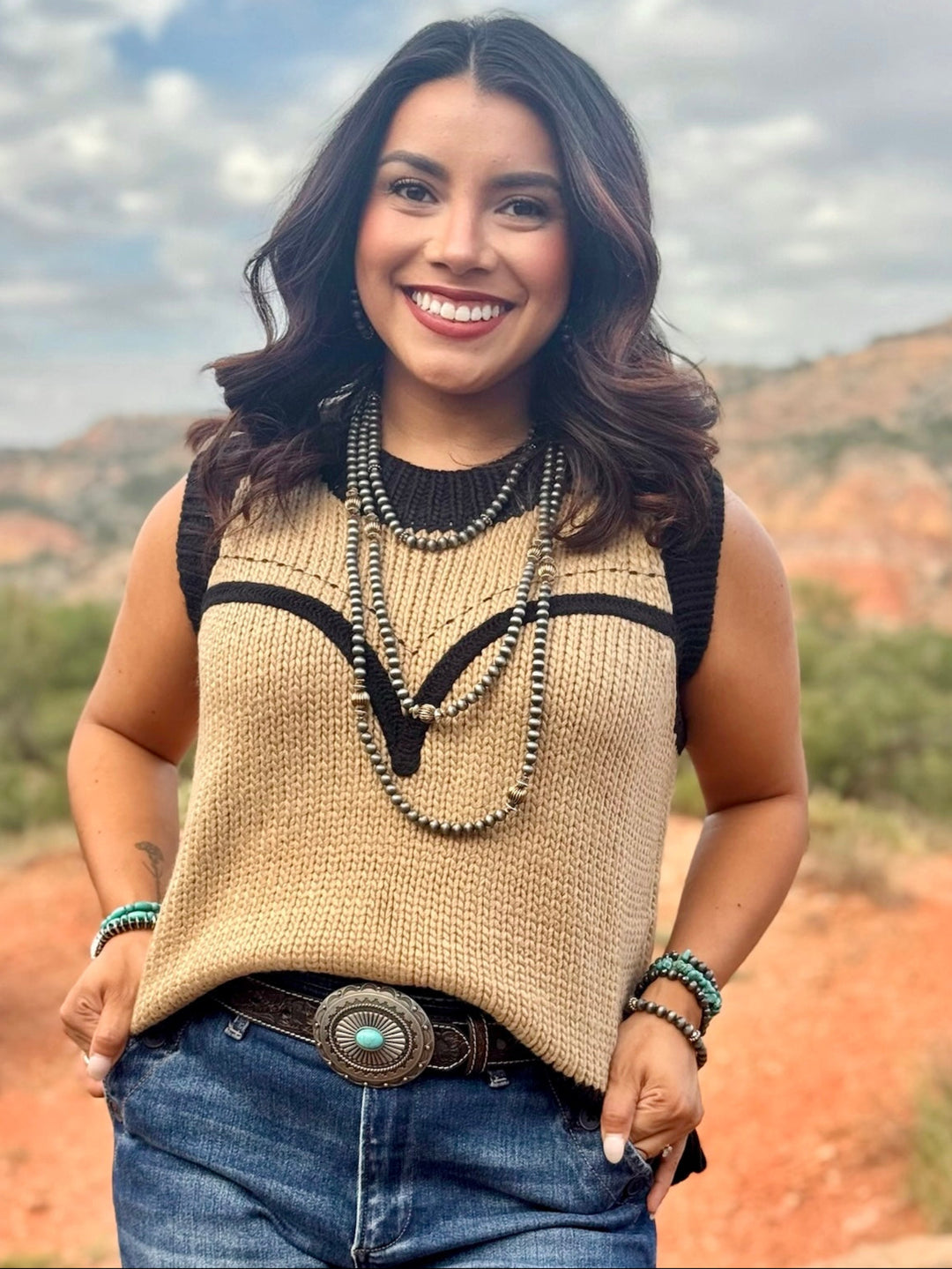 Western Tan Sleeveless Sweater