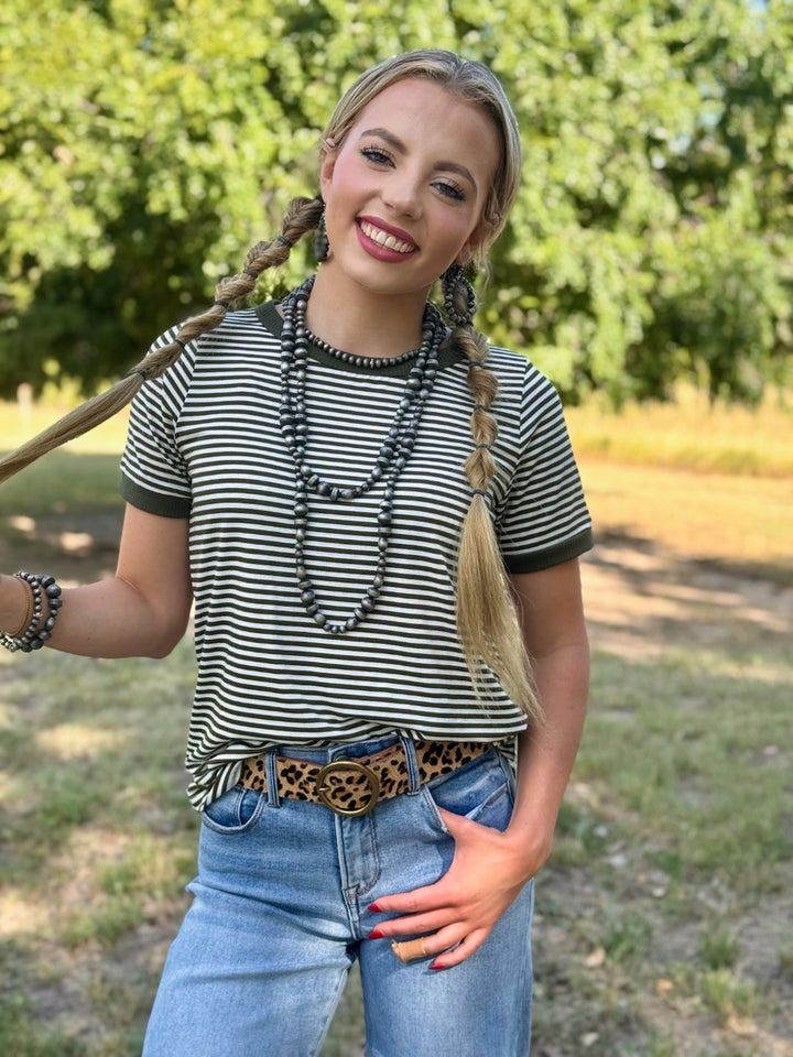 Tessa Olive & White Striped Top