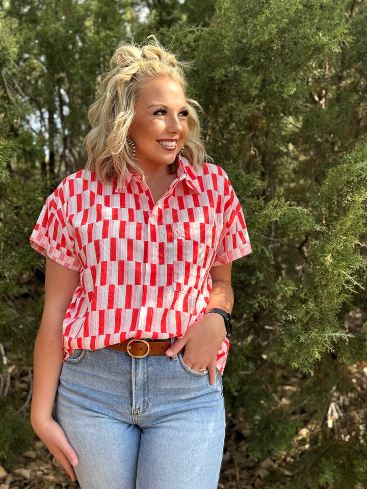 Quincy Pink & Red Button Top