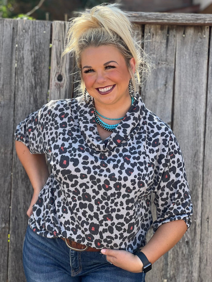 Lonnie Grey Leopard Cowl Neck Top