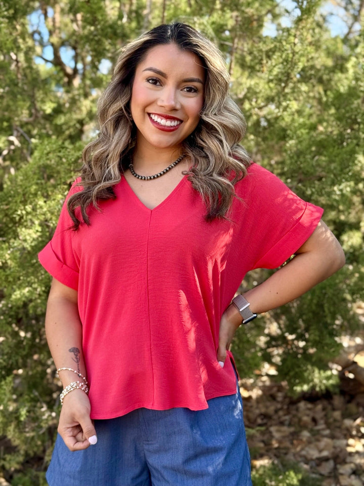 Keely Coral V-Neck Top