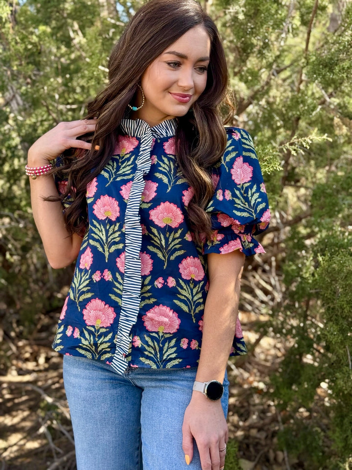 Jayla Navy & Pink Floral Blouse