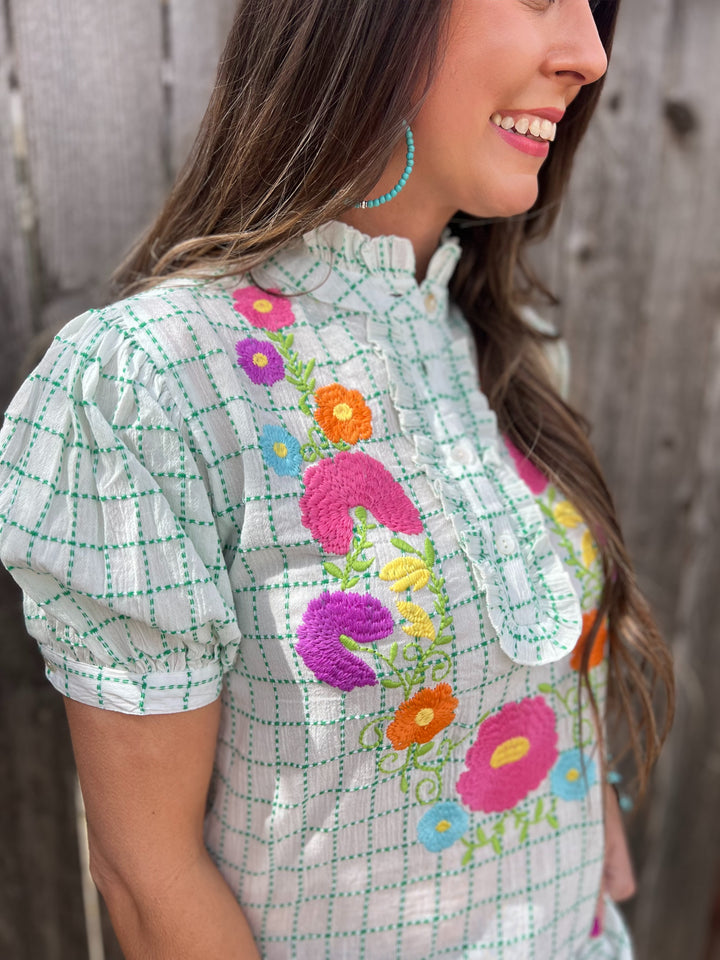 Yvonne Green Checkered with Floral Embroidery Blouse by Sister Mary