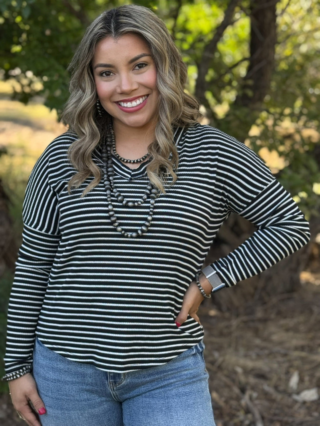 Laura Black & White Striped V-Neck Top