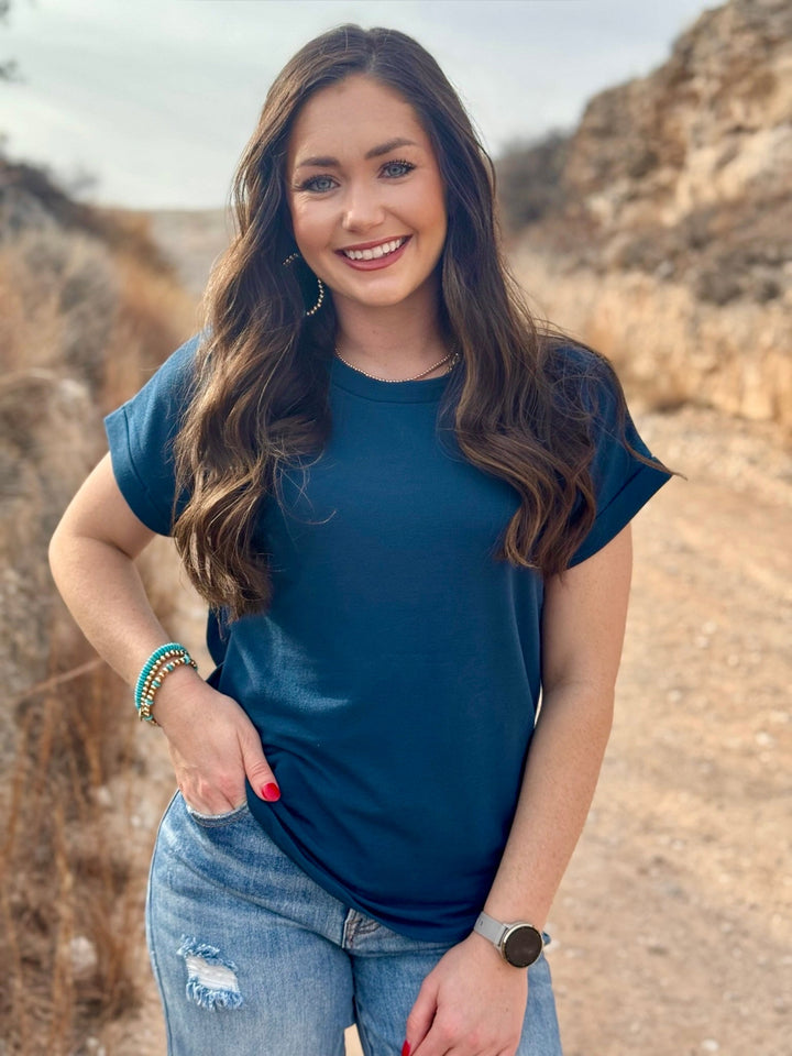 Kym Blue Cuffed Sleeve Top