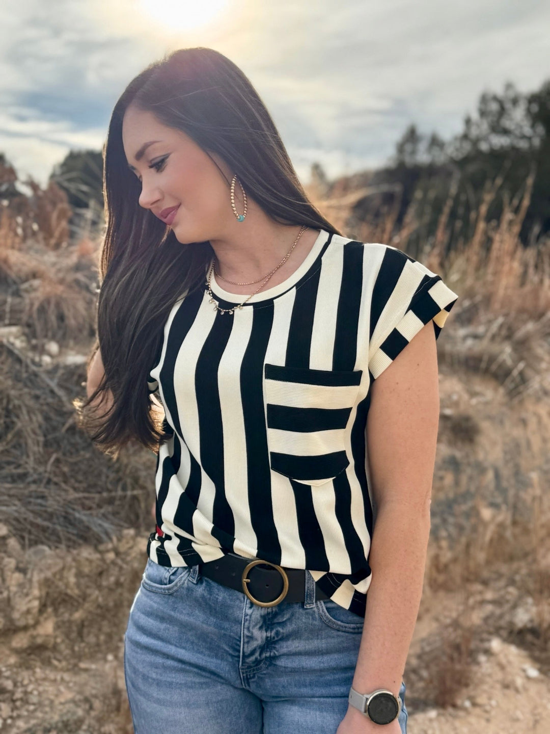 Pauline Black & Cream Stripe Pocket Top