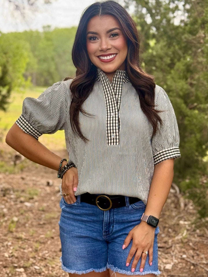 Gia Striped Gingham Button Up Top