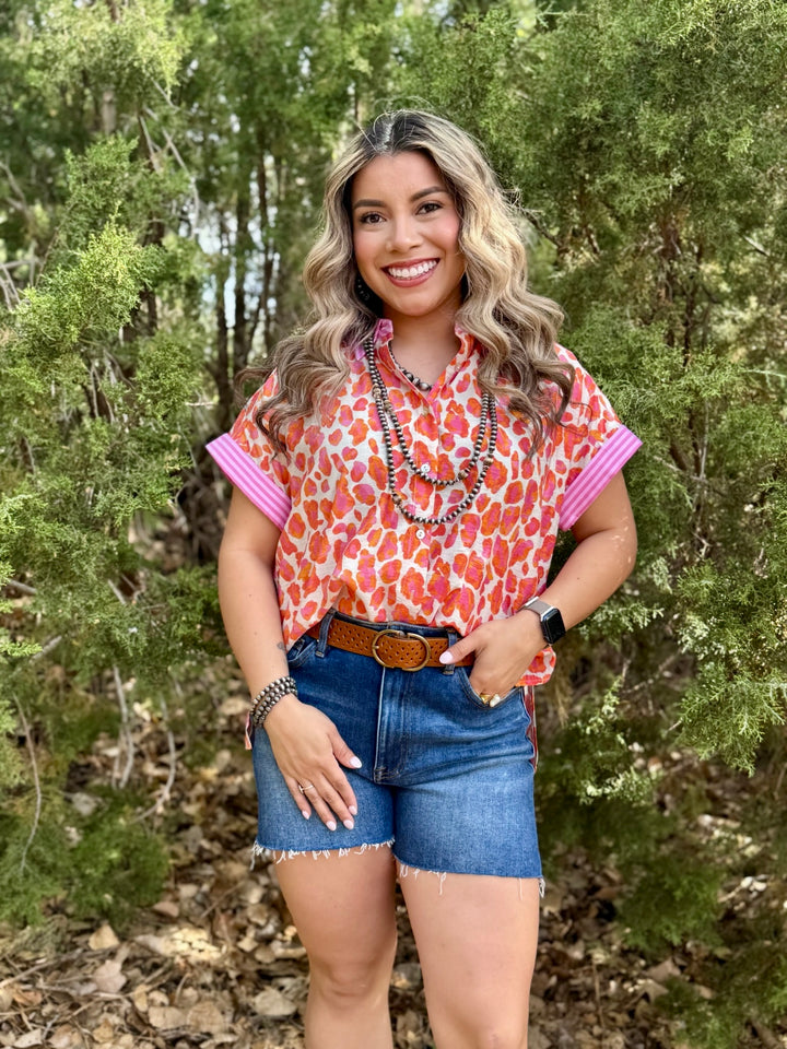 RaeAnn Pink & Orange Leopard Top