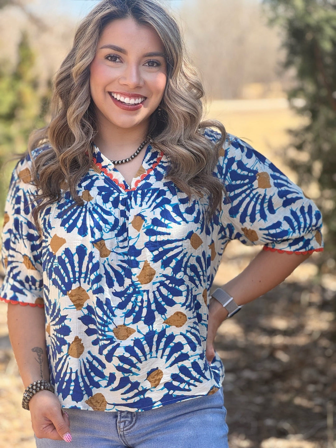 Chloe Blue & Cream Blouse