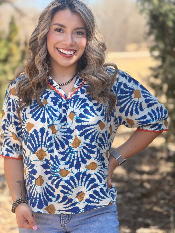 Chloe Blue & Cream Blouse