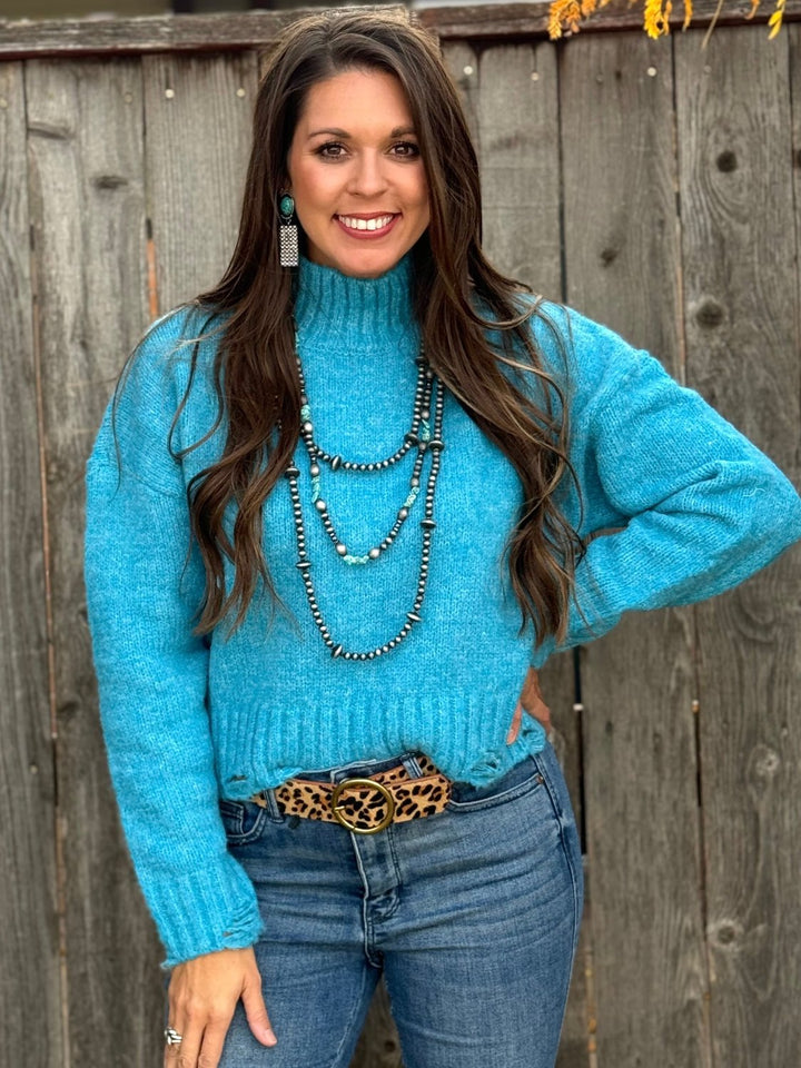 Bret Blue Cowl Neck Sweater