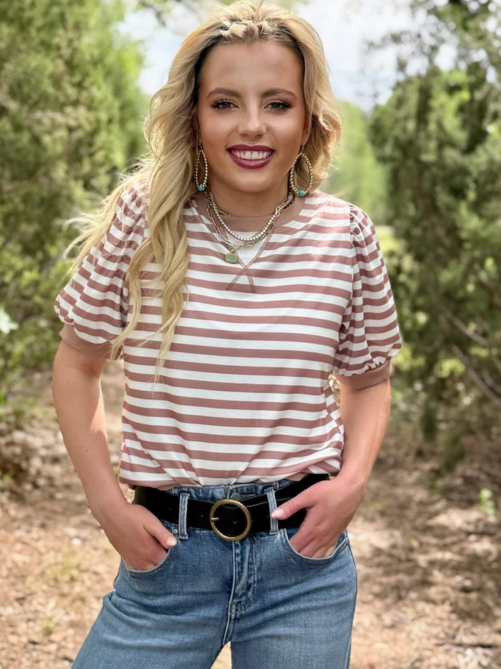 Ellie Tan & White Stripe Top