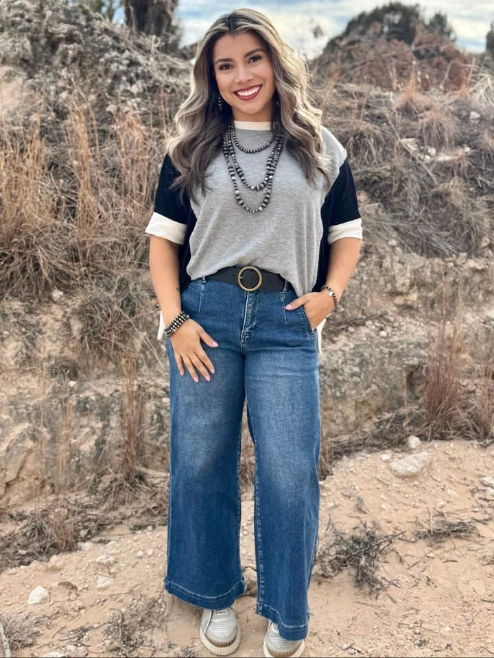 Tara Grey Colorblock Drop Shoulder Top